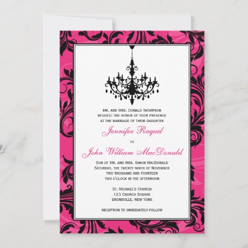 Pink Black White Chandelier Scrolls Wedding Invite