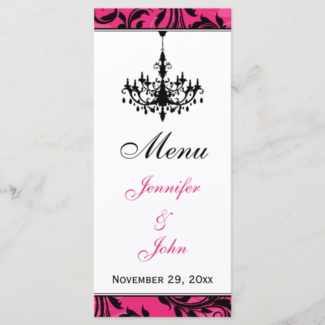 Pink Black White Chandelier Wedding Menu Card (Front)