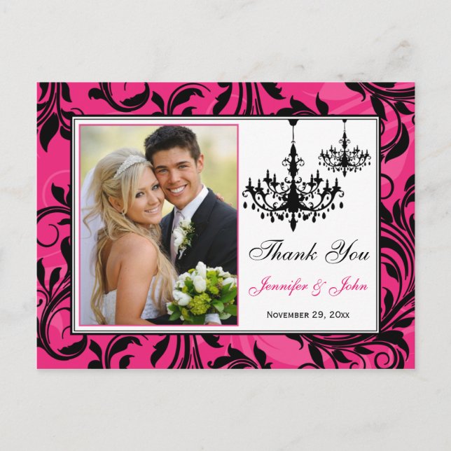 Pink Black White Chandeliers Thank You Post Card (Front)