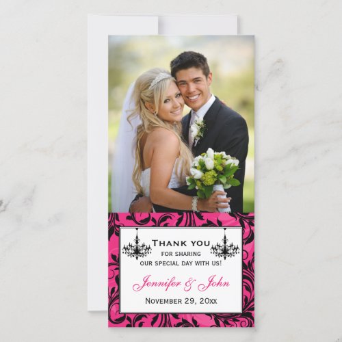 Pink Black White Chandeliers Wedding Photocard Thank You Card