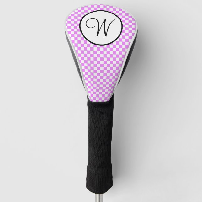 Pink Black White Checkered Monogram Golf Head Cover (Front)