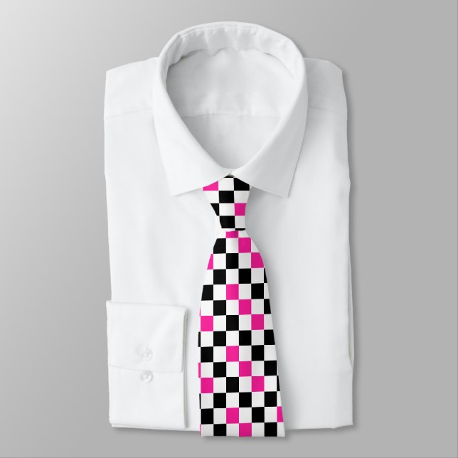 Pink Black White Checkered Pattern Design  Neck Tie (Tied)