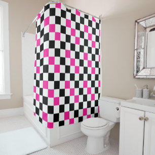 Pink Black White Checkered Pattern Design  Shower Curtain