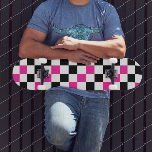 Pink Black White Checkered Pattern Design  Skateboard (Outdoor 3)
