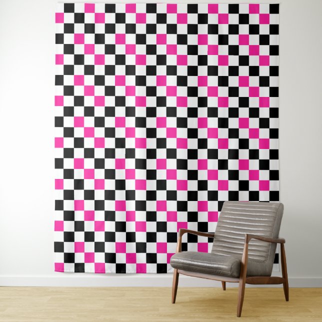 Pink Black White Checkered Pattern Design  Tapestry (In Situ)