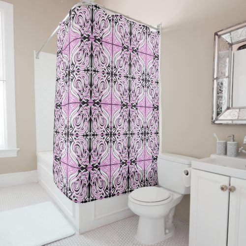 Pink Black White Curly Abstract Pattern  Shower Curtain