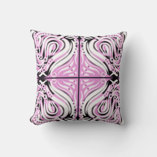 Pink Black White Curly Abstract Pattern  Throw Pillow