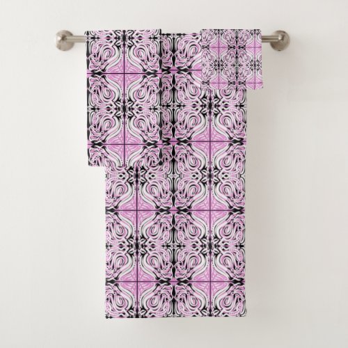 Pink Black White Curly Abstract Repeat Pattern  Bath Towel Set