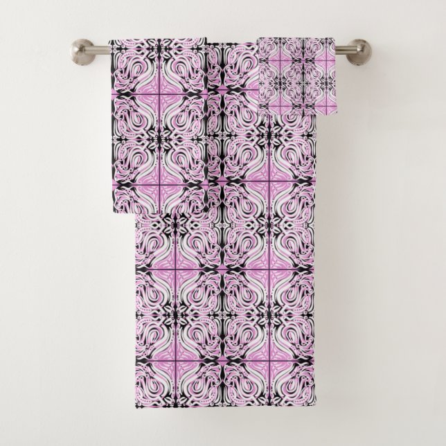 Pink Black White Curly Abstract Repeat Pattern  Bath Towel Set (Insitu)
