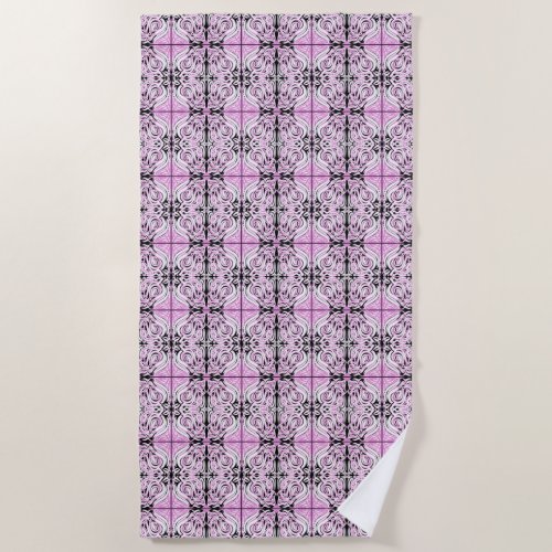 Pink Black White Curly Abstract Repeat Pattern  Beach Towel