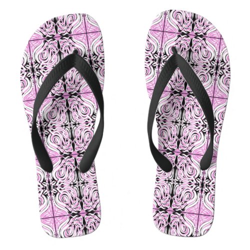 Pink Black White Curly Abstract Repeat Pattern  Flip Flops