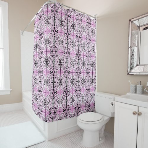 Pink Black White Curly Abstract Repeat Pattern  Shower Curtain