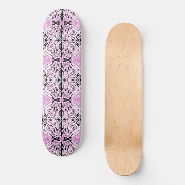 Pink Black White Curly Abstract Repeat Pattern  Skateboard (Front)