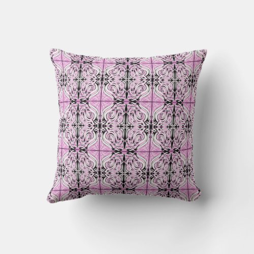 Pink Black White Curly Abstract Repeat Pattern  Throw Pillow