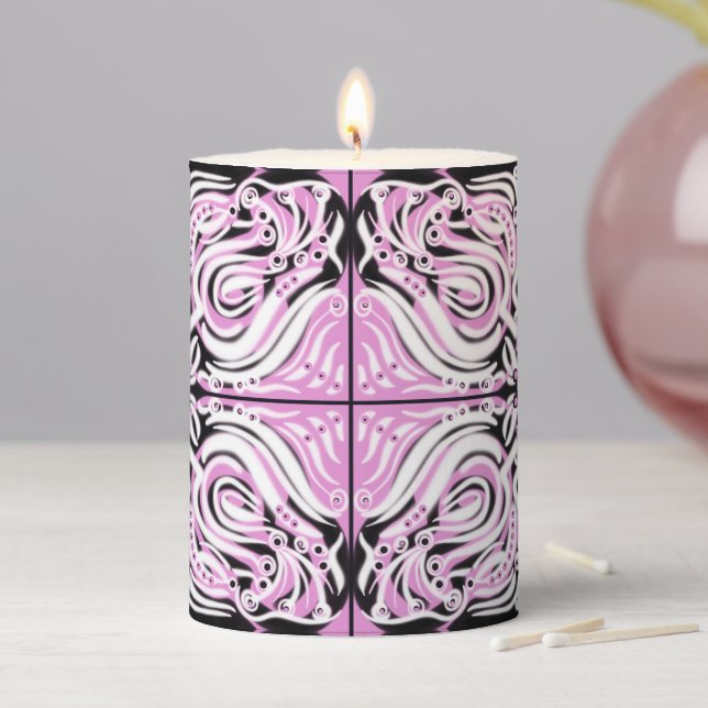 Pink Black White Curvy Abstract Pattern  Pillar Candle (In Situ)