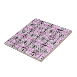 Pink Black White Curvy Abstract Repeat Pattern Ceramic Tile