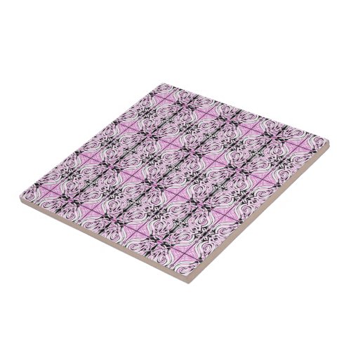 Pink Black White Curvy Abstract Repeat Pattern  Ceramic Tile