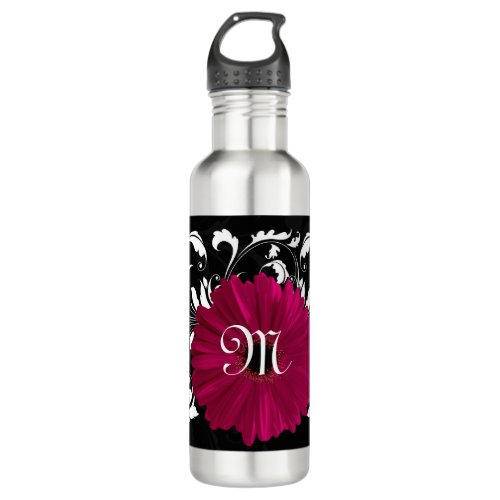 Pink Black White Daisy Flower Swirl Monogram Stainless Steel Water Bottle