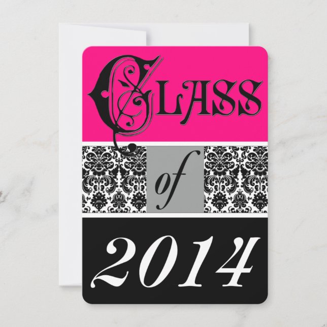 Pink, Black, White Damask Graduation Invite (Front)