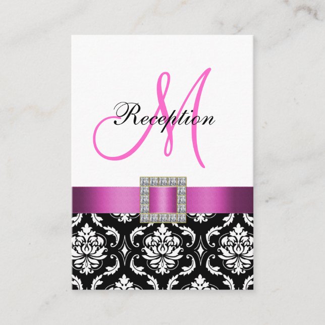 Pink Black White Damask Reception Enclosure Card (Front)