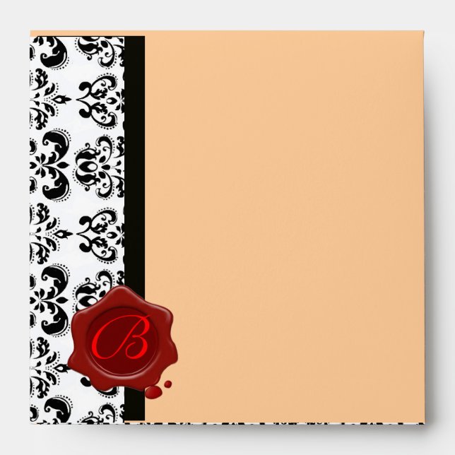 PINK BLACK WHITE DAMASK ,RED WAX SEAL MONOGRAM ENVELOPE (Front)
