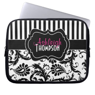 Pink Black White Damask Striped Laptop Sleeve