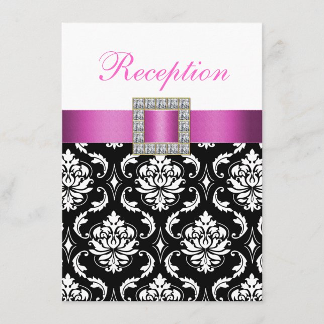 Pink Black White Damask Wedding Reception Card (Front)