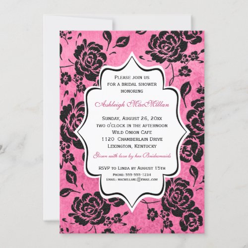 Pink Black White Floral Damask Bridal Shower Personalized Invites