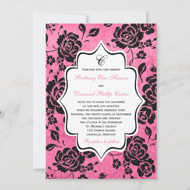 Pink Black White Floral Damask Wedding Invitation (Front)