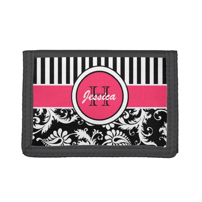 Pink, Black, White Floral, Striped Tri-Fold Wallet (Front)