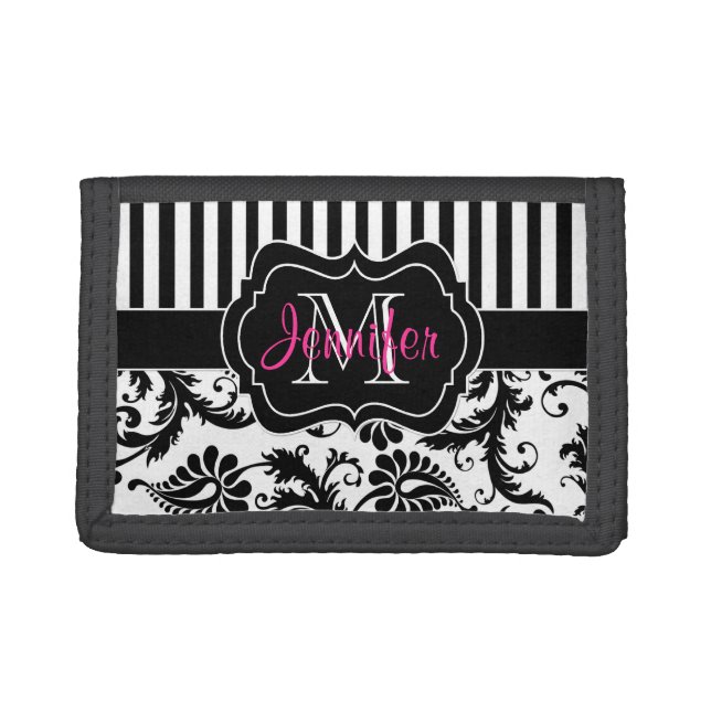 Pink, Black, White Floral, Striped Tri-Fold Wallet (Front)