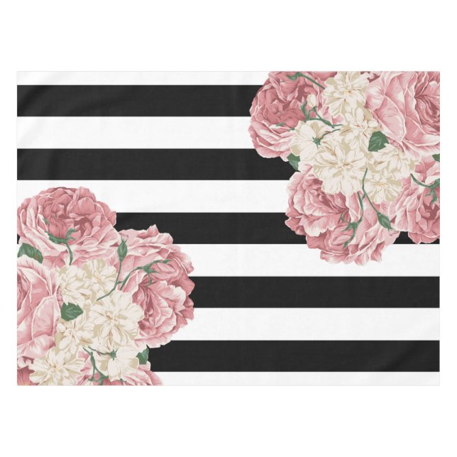 Pink, Black, White Floral Tablecloth (Front (Horizontal))