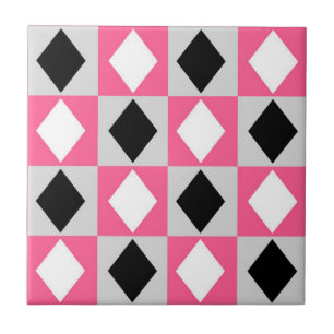 Pink Black White Geometric Rhombus Diamond Ceramic Tile