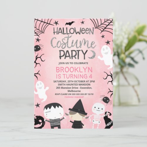 Pink Black White Girls Halloween Party Birthday Invitation