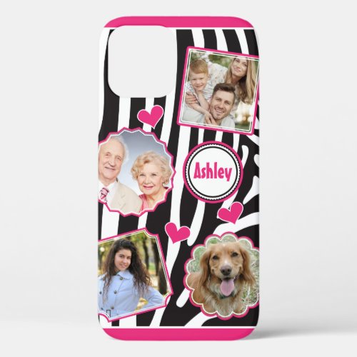 Pink Black White Girly Custom Photo Collage iPhone 12 Case
