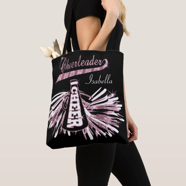 Pink, Black & White Glitter Cheerleader Design Tote Bag (Close Up)