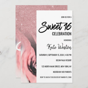 Pink Black White Glitter Painted Marble Sweet 16 Invitation