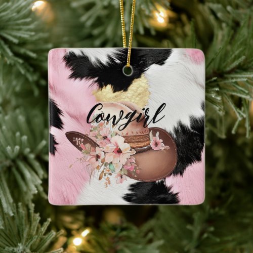 Pink Black White Gold Cowhide Cowgirl Floral Hat Ceramic Ornament