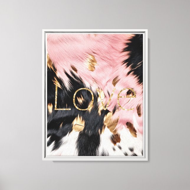 Pink Black White Gold Glam Cowhide Glitter Love Canvas Print (Front)