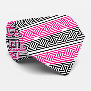 Pink Black White Greek Key Fret Pattern Design Neck Tie