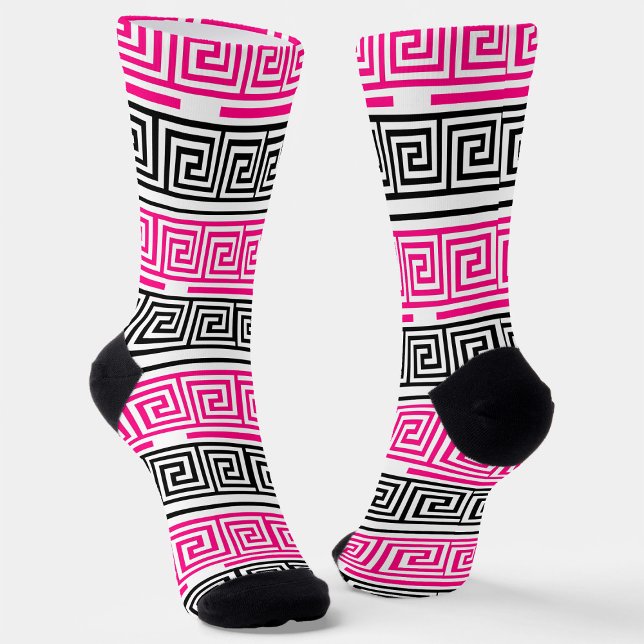 Pink Black White Greek Key Fret Pattern Design  Socks (Creator Uploaded)