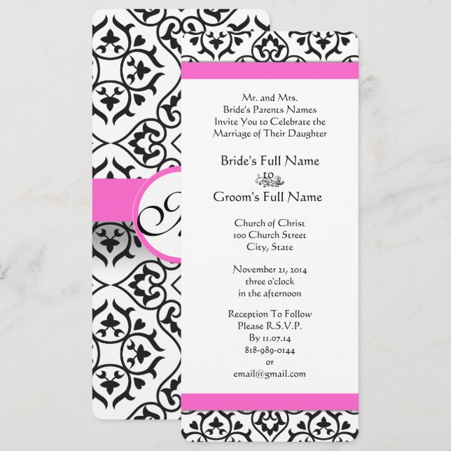 Pink Black White Heart Damask Wedding Invitation (Front/Back)