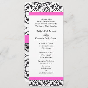 Pink Black White Heart Damask Wedding Invitation