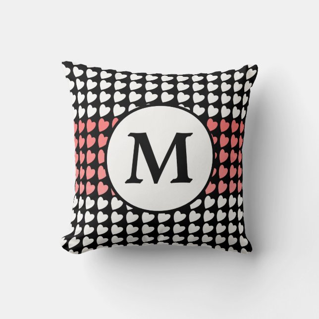Pink Black White Heart Pattern Monogram Throw Pillow (Front)