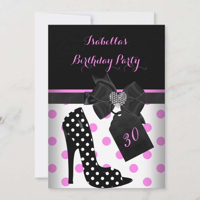 Pink Black White Heart Polka Dots Heels Birthday Invitation (Front)