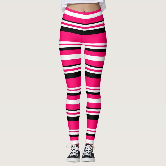 Pink Black White Horizontal Stripes Leggings (Front)