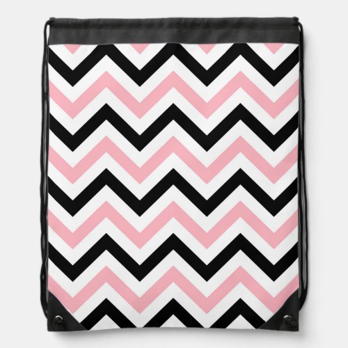 Pink Black White Large Chevron ZigZag Pattern Drawstring Bag