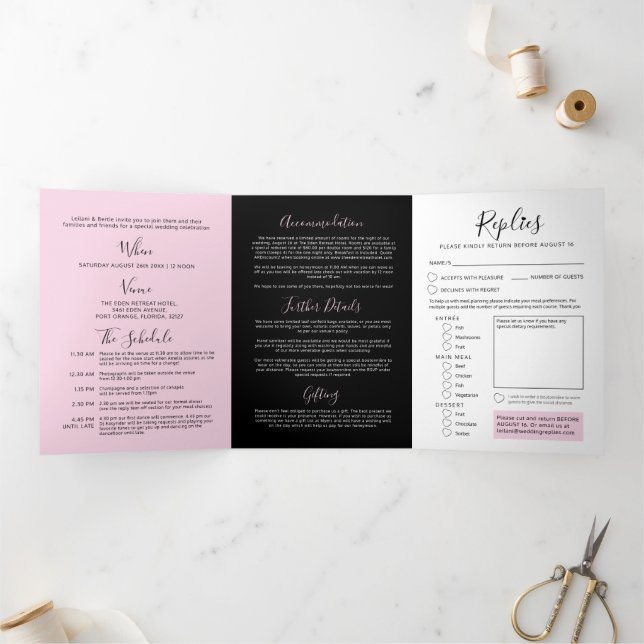 Pink, black white little heart wedding all-in-one Tri-Fold invitation (Inside)