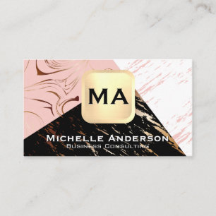 Pink Black White Marble Monogram Business Card