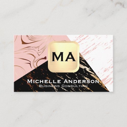 Pink Black White Marble  Monogram Business Card